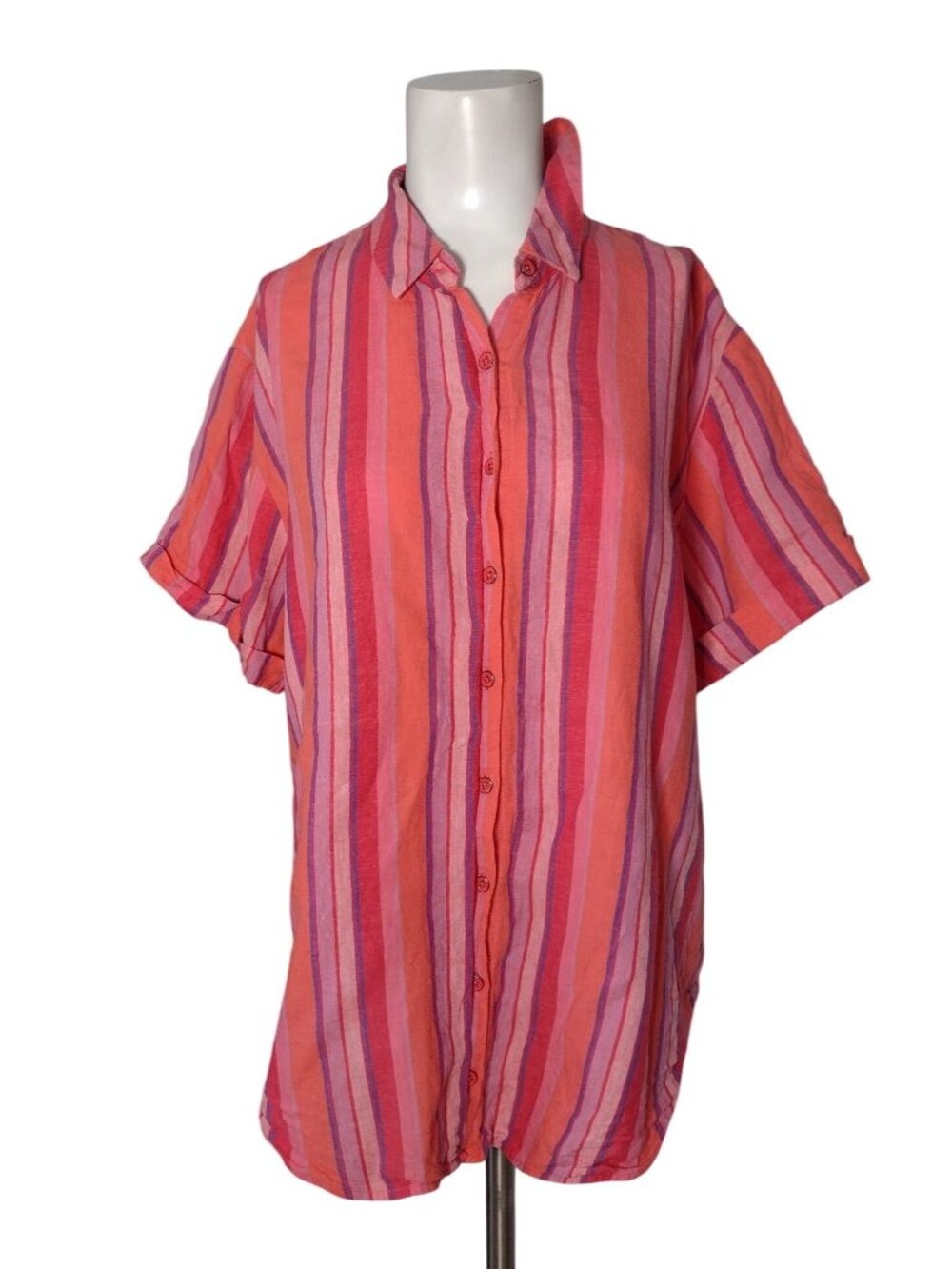 Cabi Women's Linen Blend Striped Button-Up Short Sleeve Shirt M Relaxed